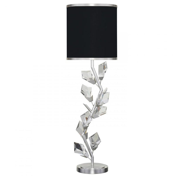 Console Lamp, 1-Light, Silver, Faceted Crystal Leaves, Black with Silver Trim Fabric Shade, 35.5"H (908815-11ST NG1J)