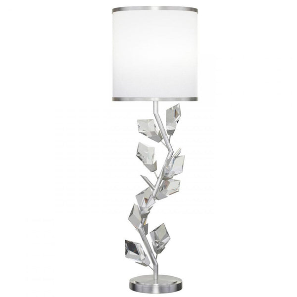 Console Lamp, 1-Light, Silver, Faceted Crystal Leaves, White with Silver Trim Fabric Shade, 35.5"H (908815-1ST NG1K)