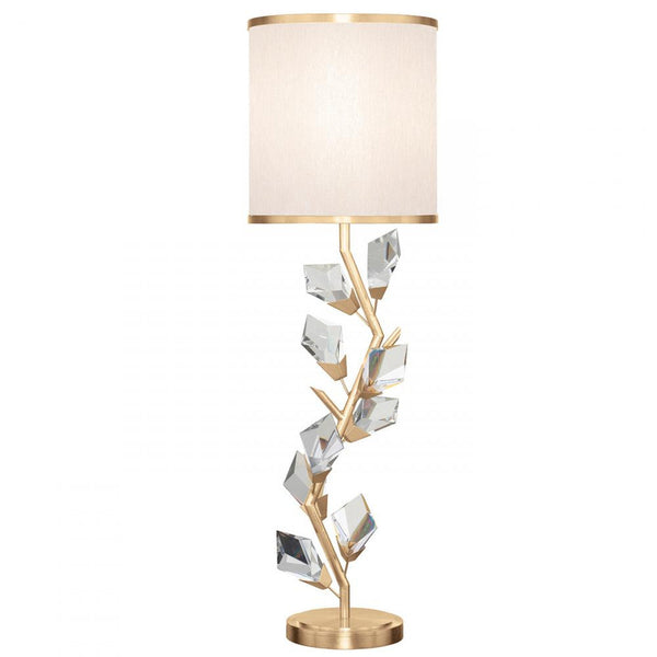 Console Lamp, 1-Light, Gold, Faceted Crystal Leaves, Champagne with Gold Trim Fabric Shade, 35.5"H (908815-2ST NG1M)