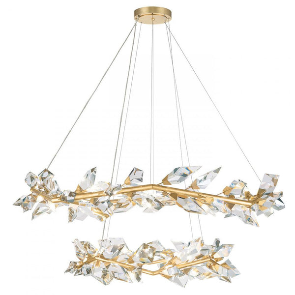 Pendant, Round, 20-Light, Gold, Faceted Crystal Leaves, 55"W (909140-2ST NG1H)