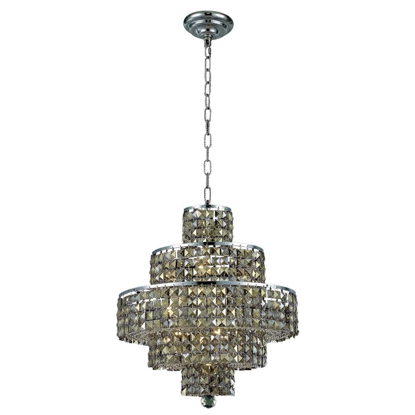 Chrome Thirteen-Light 20-Inch Five-Tier Chandelier with Royal Cut Golden Teak Smoky Crystal