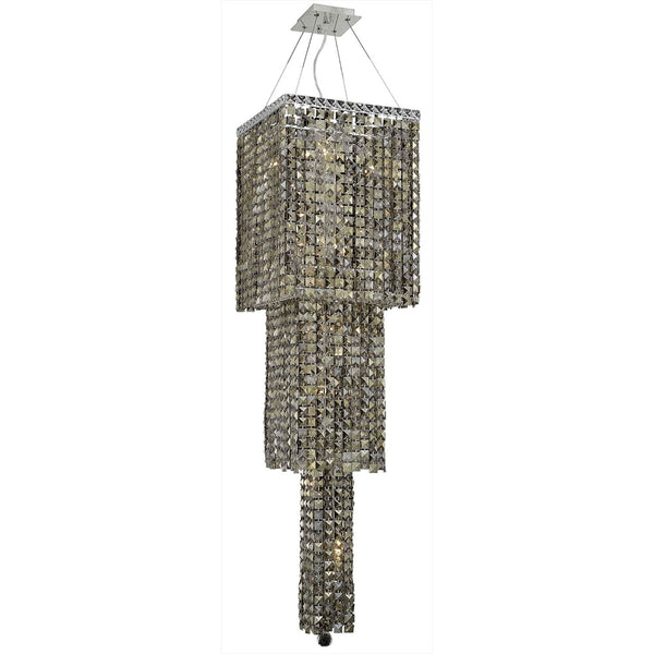 Maxim Chrome Fourteen-Light 16-Inch Three-Tier Square Pendant with Royal Cut Golden Teak Smoky Crystal