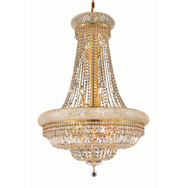 Primo Gold Fourteen-Light 28-Inch Chandelier with Royal Cut Clear Crystal and Crystal Drop