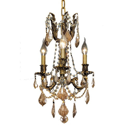 Antique Bronze Three-Light 13-Inch Mini Chandelier with Royal Cut Golden Teak Smoky Crystal