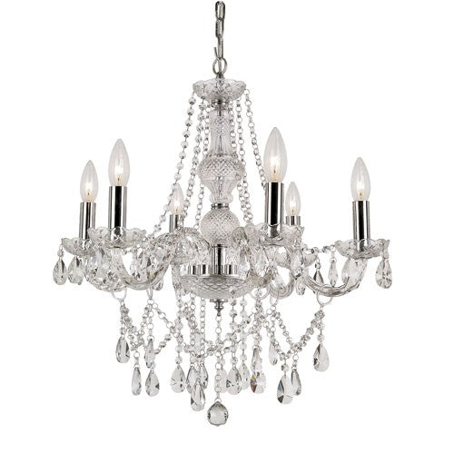 Polished Chrome Six Light Crystal Chandelier with Cut Crystal Bead Strands