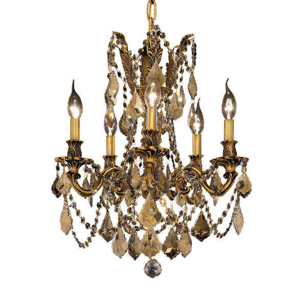 Rosalia French Gold Five-Light 18-Inch Chandelier with Royal Cut Golden Teak Smoky Crystal