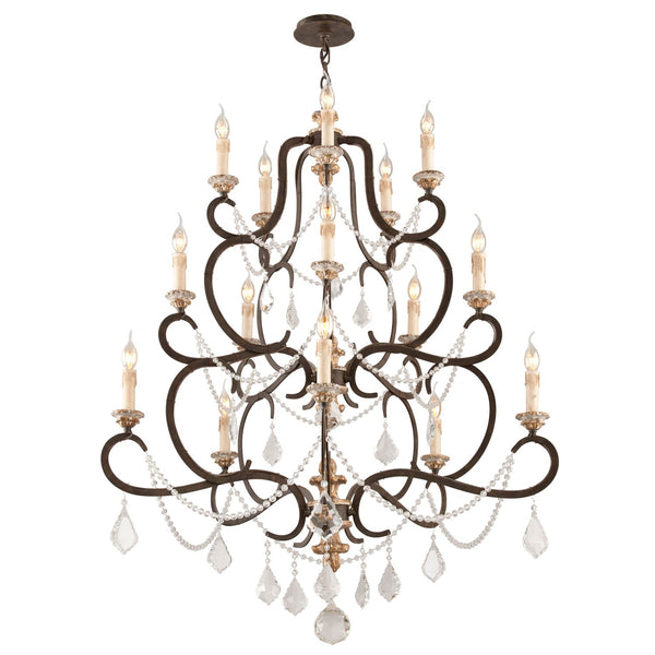 Bronze 15-Light Large Chandelier w/ Distressed Gold Leaf and Crystal