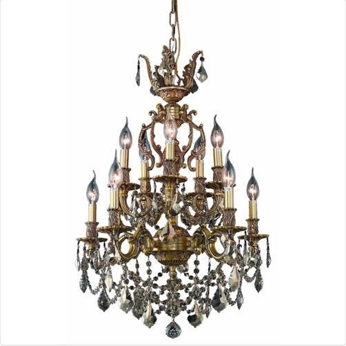 Gold Ten-Light 21-Inch Chandelier with Royal Cut Golden Teak Smoky Crystal