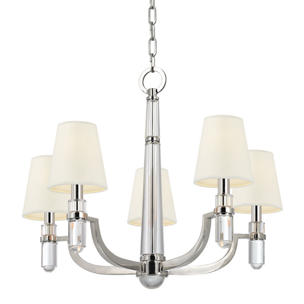 Chandelier, 5-Light, Polished Nickel, White Shade, 25"W (985-PN-WS 9W8MP)