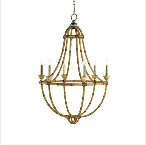 Bronze and Washed Wood and Natural Six-Light Chandelier