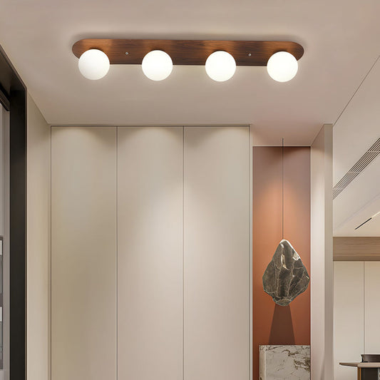 Flush Mounted Walnut Board Ceiling Light with 2/3/4 Milky White Glass Globes