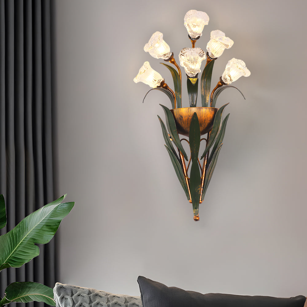 Bouquet Flowers Leaves White Light Pastoral American Style Wall Lamp