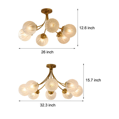 Modern Brass Carved Glass Semi-Flush Mount Ceiling Light - 6/8-Light