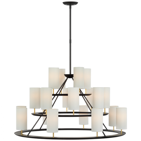 X-Large 3-Tier Chandelier, 20-Light, LED, Matte Black, Gild, Linen Shade, 43.5"W (ARN 5285BLK/G-L D02UJ)