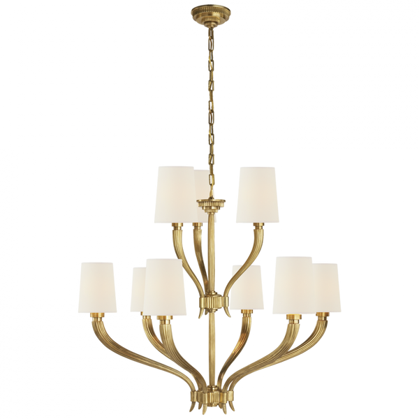 2-Tier Chandelier, 9-Light, Antique-Burnished Brass, Linen Shade, 35"W (CHC 2465AB-L D31GJ)