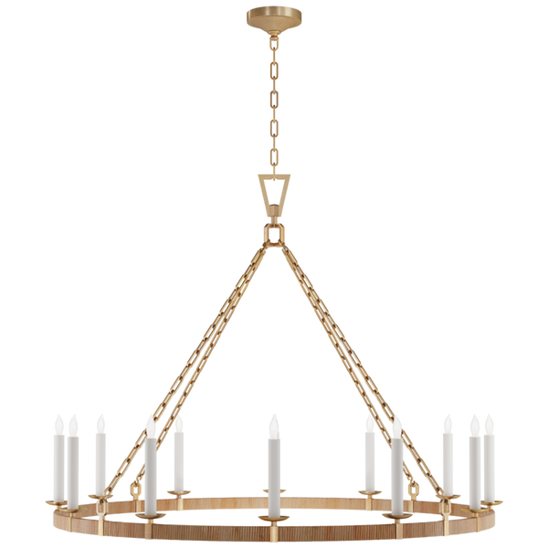 X-Large Wrapped Ring Chandelier, 12-Light, LED, Antique-Burnished Brass, Natural Rattan, 50"W (CHC 5874AB/NRT D02RT)