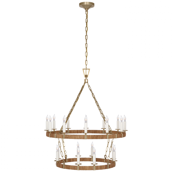 Medium Two Tier Chandelier - Antique-Burnished Brass and Natural Rattan