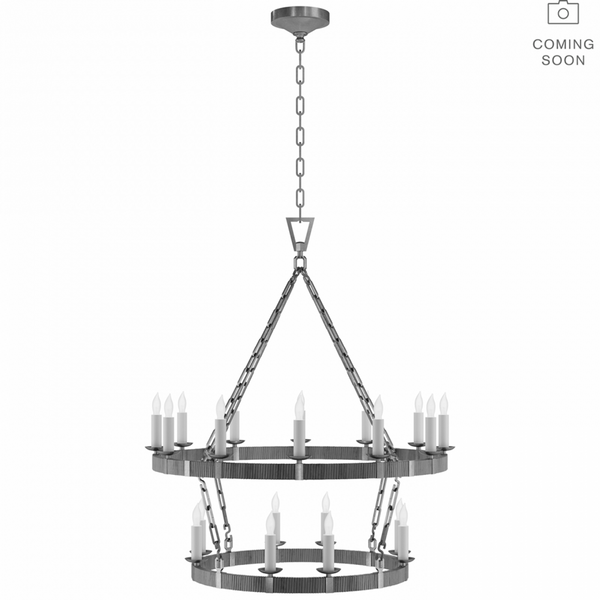 Medium Two Tier Chandelier - Aged Iron and Natural Rattan