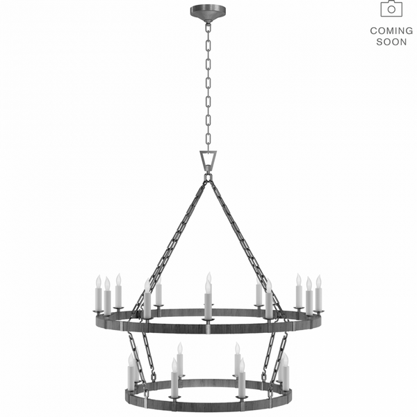 Large Two Tier Chandelier - Aged Iron and Natural Rattan