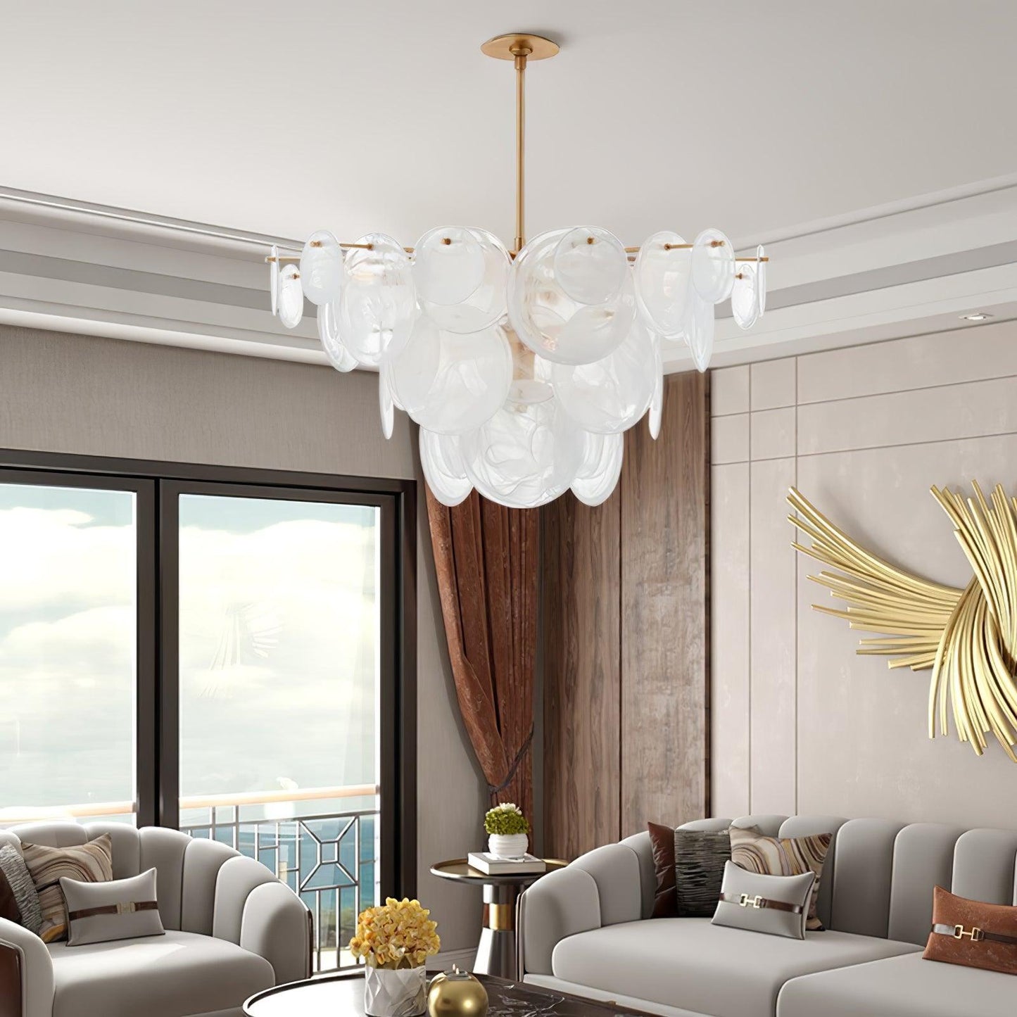 Brass Discs Cascading Ceiling fixture Chandelier