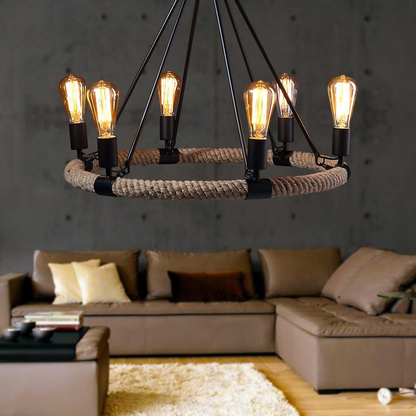 Hemp Rope Industrial Large Circle Candelabrum Chandelier