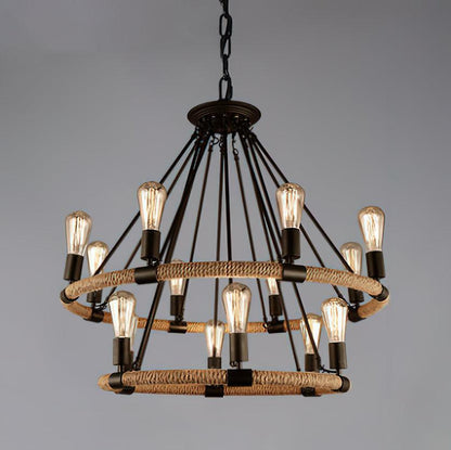 Hemp Rope Industrial Large Circle Candelabrum Chandelier