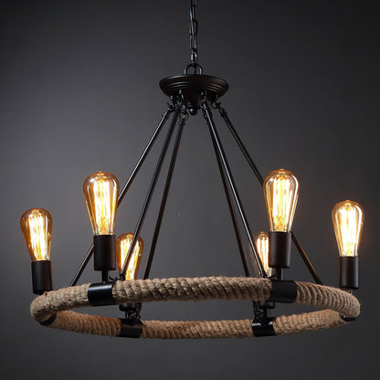 Hemp Rope Industrial Large Circle Candelabrum Chandelier