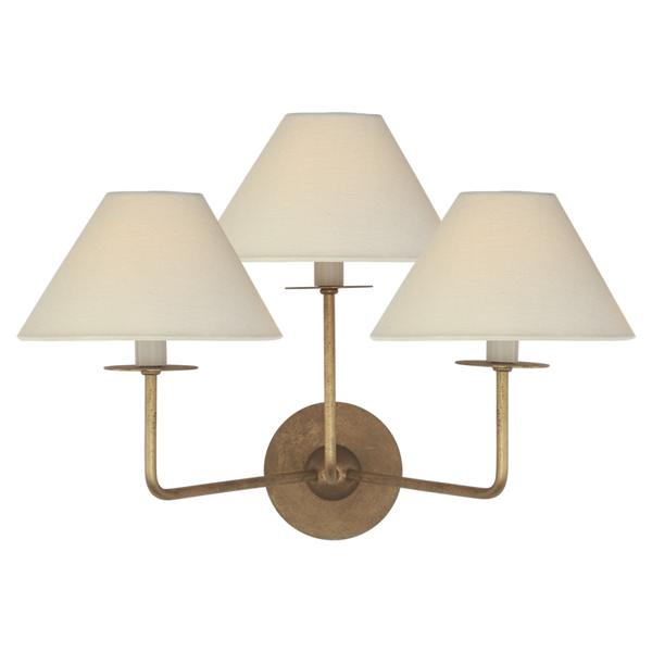 Medium Wall Sconce, 3-Light, Gilded Iron, Linen Shade, 14.25"H (NW 2070GI-L CLT6N)