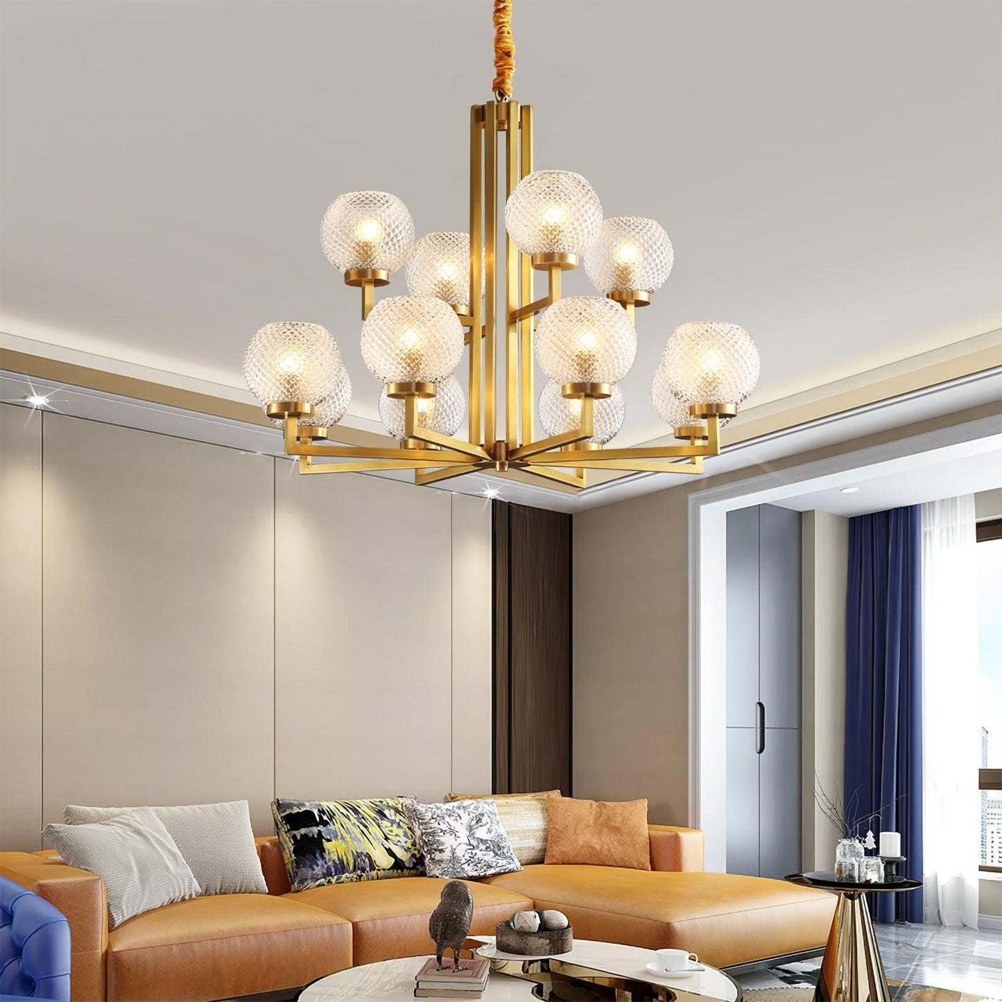 Ribbed Glass Brass Crown Chandelier