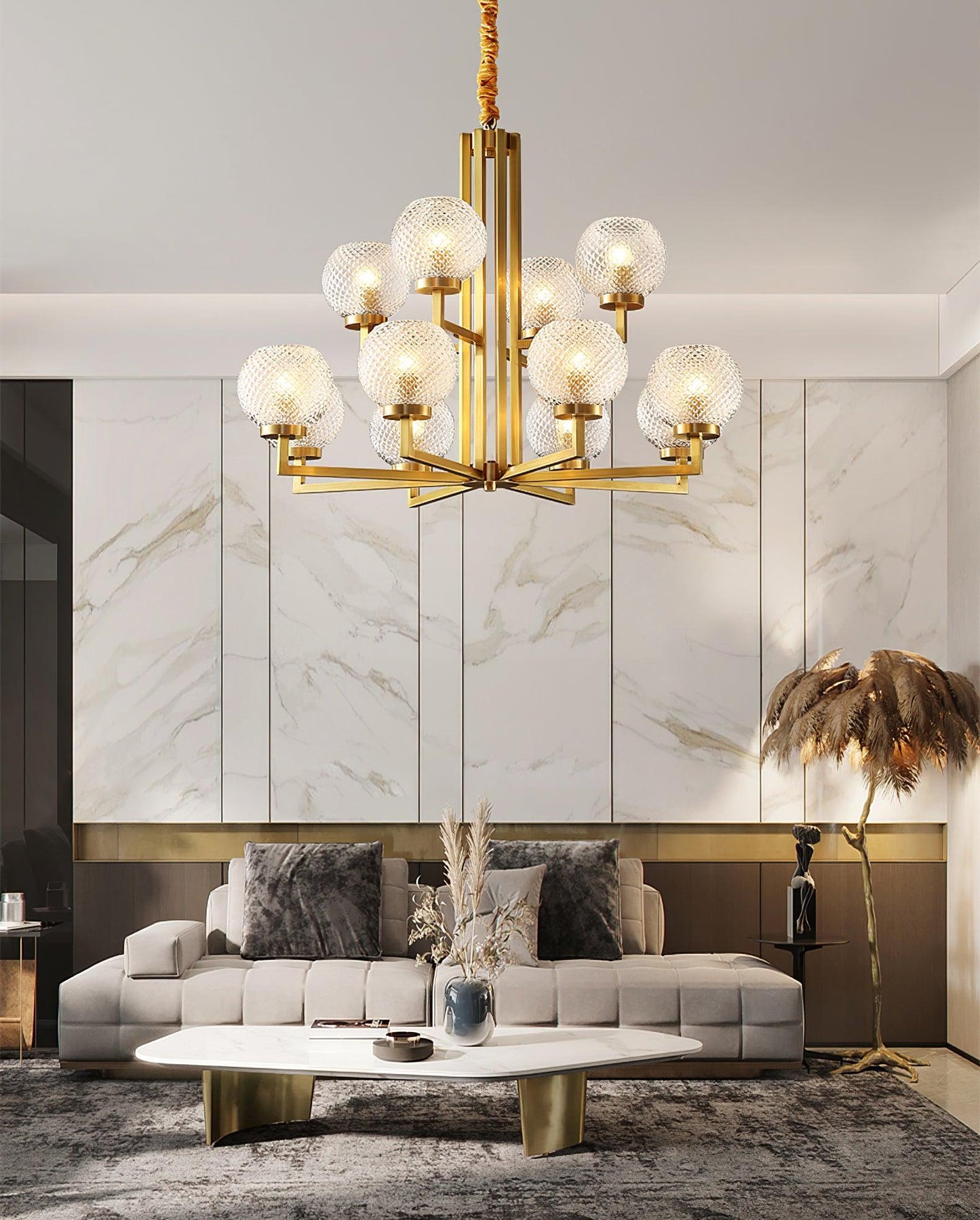 Ribbed Glass Brass Crown Chandelier