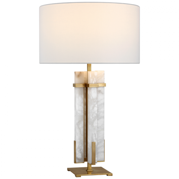 Large Table Lamp, 1-Light, Hand-Rubbed Antique Brass and Alabaster, Linen Shade, 30"H (S 3910HAB/ALB-L CWZ4K)