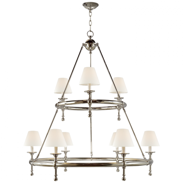 Two-Tier Ring Chandelier, 9-Light, Polished Nickel, Linen Shade, 44"W (SL 5813PN-L D30KK)