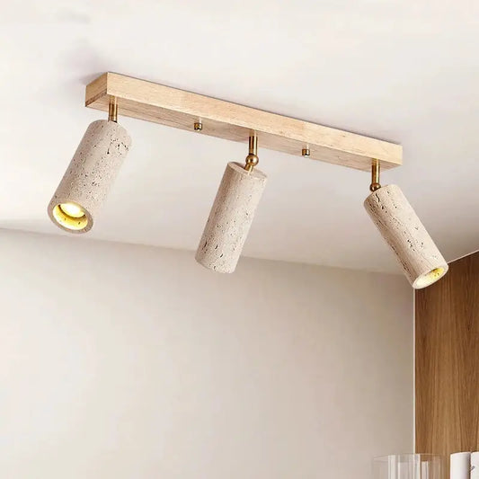 3-Head Natural Travertine & Wood Spot Light Fixture