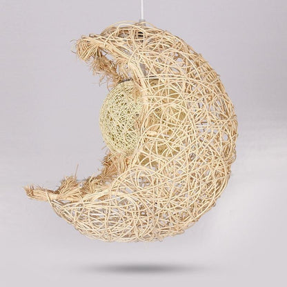 Moon Shaped Wicker Rattan Pendant Light Farmhouse Dining Room Ceiling Light