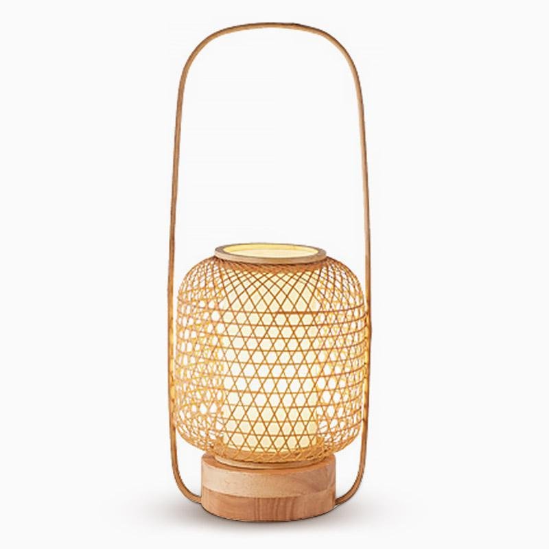 Rustic Woven Bamboo Table Lamp with Cylinder LED Light & USB Port