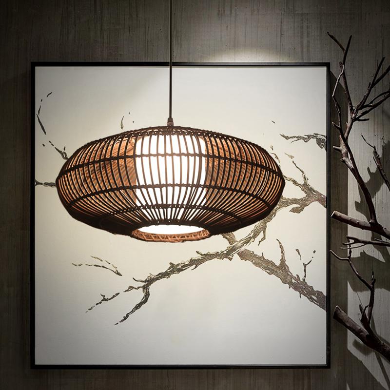 Short Circular Dark Brown Bamboo Pendant Light Farmhouse Kitchen Lighting