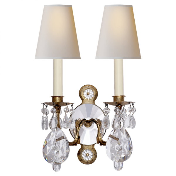 Crystal Single Arm Wall Sconce, 2-Light, Gilded Iron, Crystal, Natural Percale Shade, 19"H (TOB 2471GI/CG-PL 2R43G)