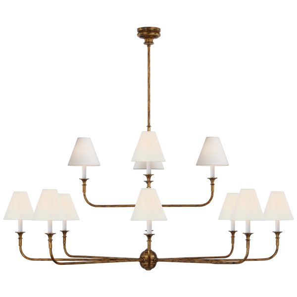 Two-Tier Chandelier, 12-Light, LED, Antique Gild, Linen Shade, 58"W (TOB 5453AG-L D01TR)