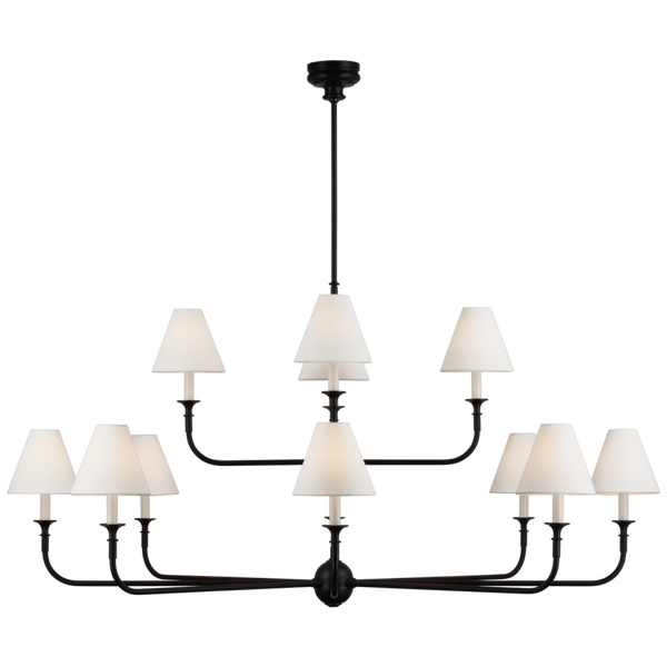 Two-Tier Chandelier, 12-Light, LED, Aged Iron, Ebonized Oak, Linen Shade, 58"W (TOB 5453AI/EBO-L CWZ4Q)