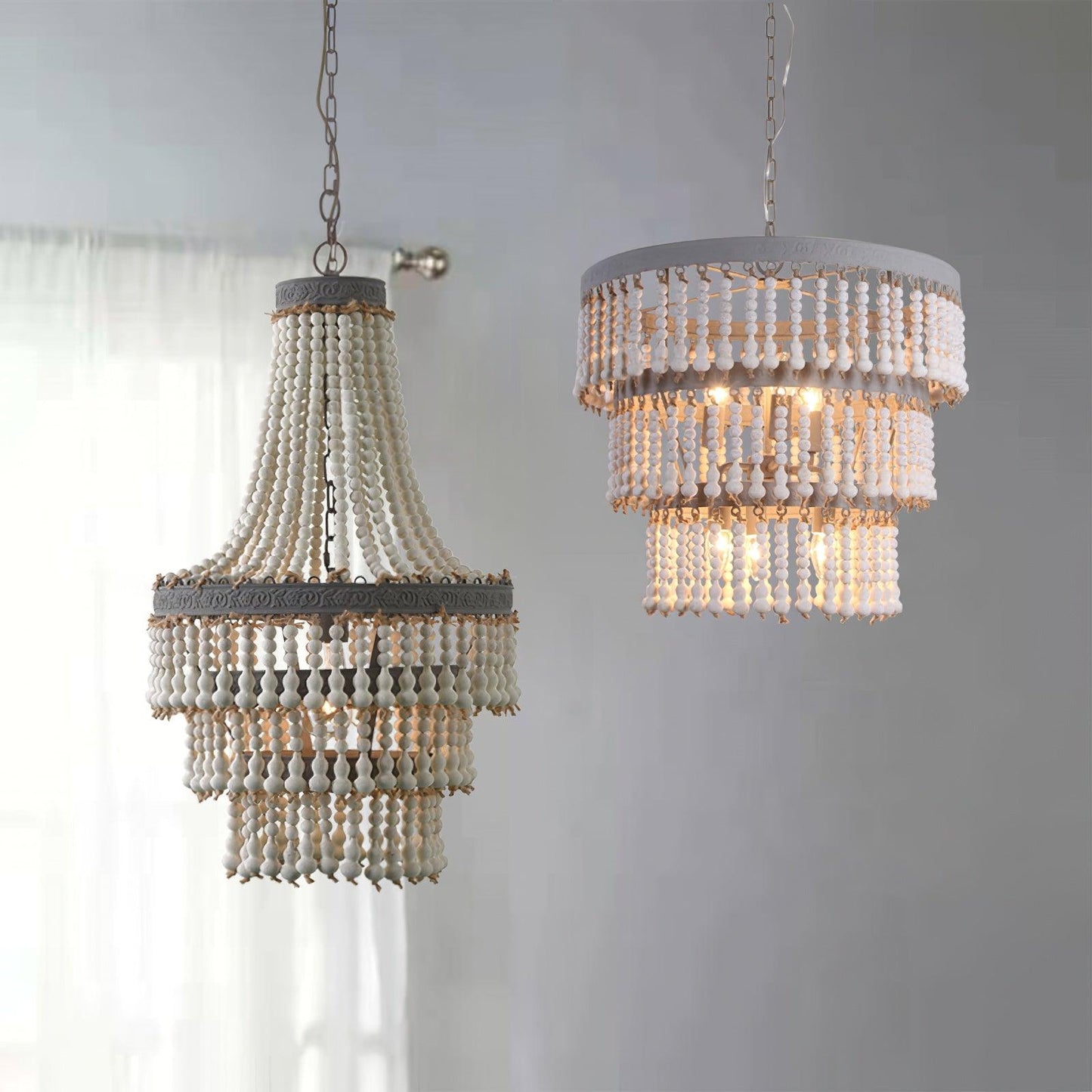 Three Tiered Wood Beaded Ceiling fixture Chandelier