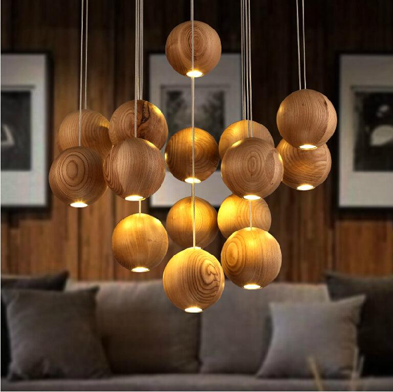 Wooden Orb Sphere Cluster Droplight Pendant Light