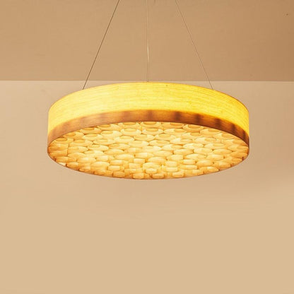 24'' Large Burlywood Drum Light Pendant Wood Living Room Pendant Lighting