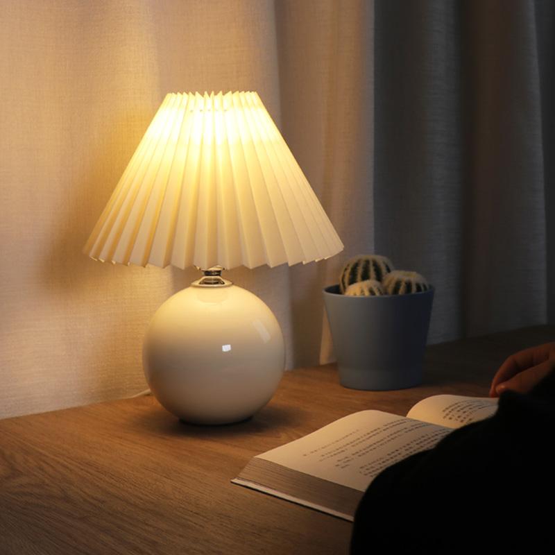 Modern White Globe Ceramic and Pleated Table Lamp