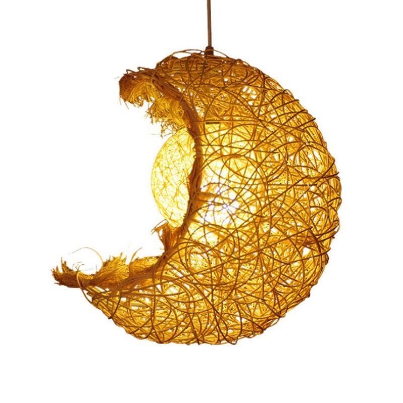 Moon Shaped Wicker Rattan Pendant Light Farmhouse Dining Room Ceiling Light