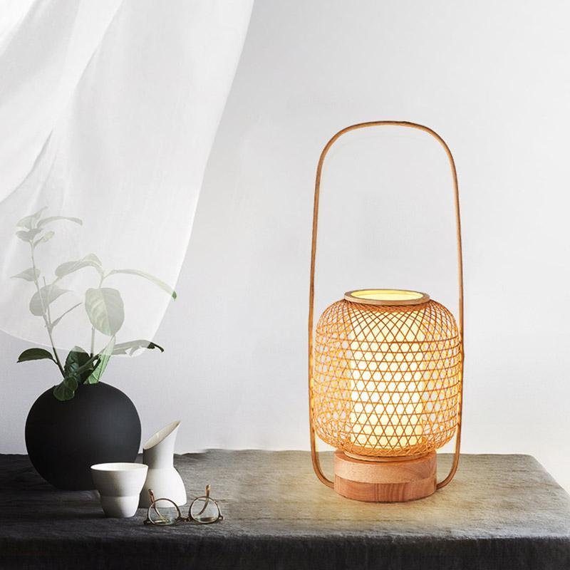 Rustic Woven Bamboo Table Lamp with Cylinder LED Light & USB Port