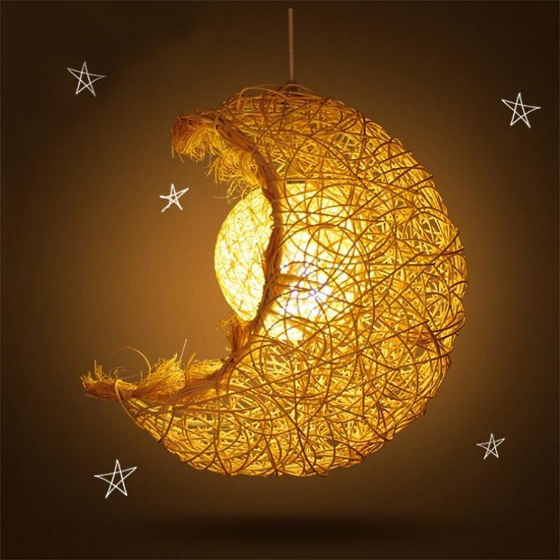 Moon Shaped Wicker Rattan Pendant Light Farmhouse Dining Room Ceiling Light