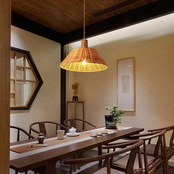 Wide Bell Shaped Bamboo Ceiling Lamp Burlywood Farmhouse Pendant Light