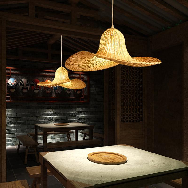 24'' Rustic Hat Shaped Rattan Pendant Light Dining Room Ceiling Light