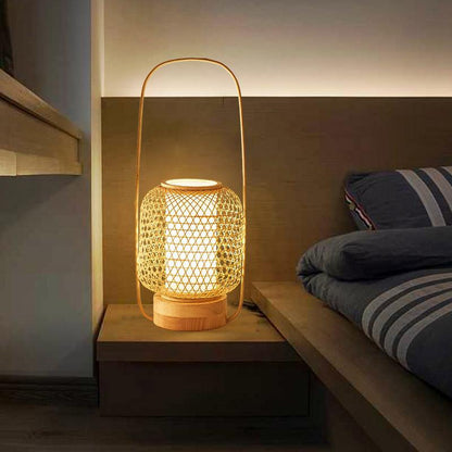 Rustic Woven Bamboo Table Lamp with Cylinder LED Light & USB Port