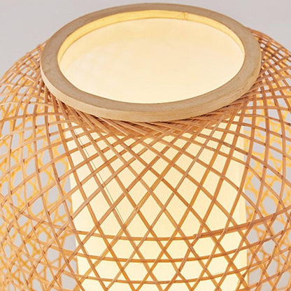 Rustic Woven Bamboo Table Lamp with Cylinder LED Light & USB Port